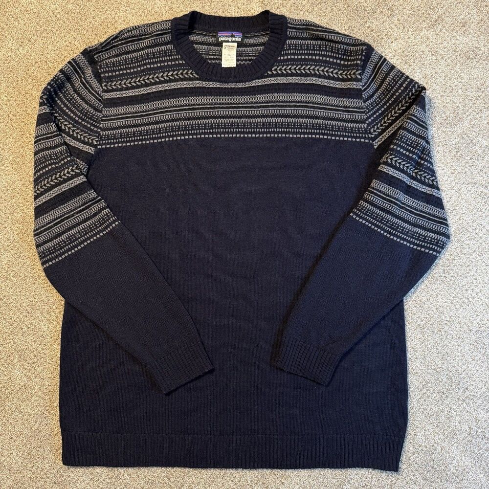 Patagonia Nordic Crew Sweater Mens XL Lambswool Knit Fair Isle Blue Pullover